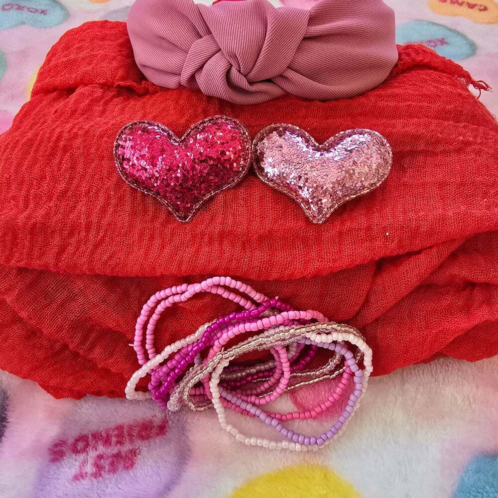 Valentine's Day Accessory Bundle - Headband, Hair Clips, and Beaded Bracelet Set